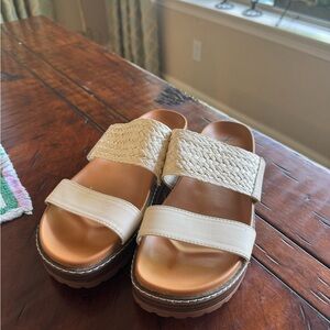 Woven Double-Strap Platform Slide Sandals in Beige